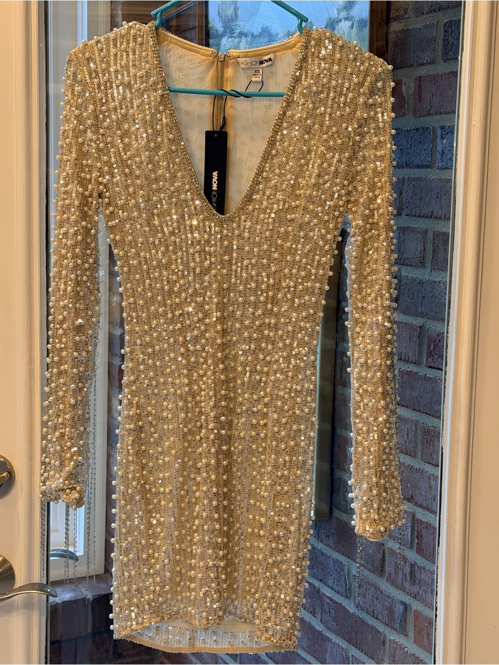 Fashion Nova Gold Pearl-Embellished Long Sleeve Dress
